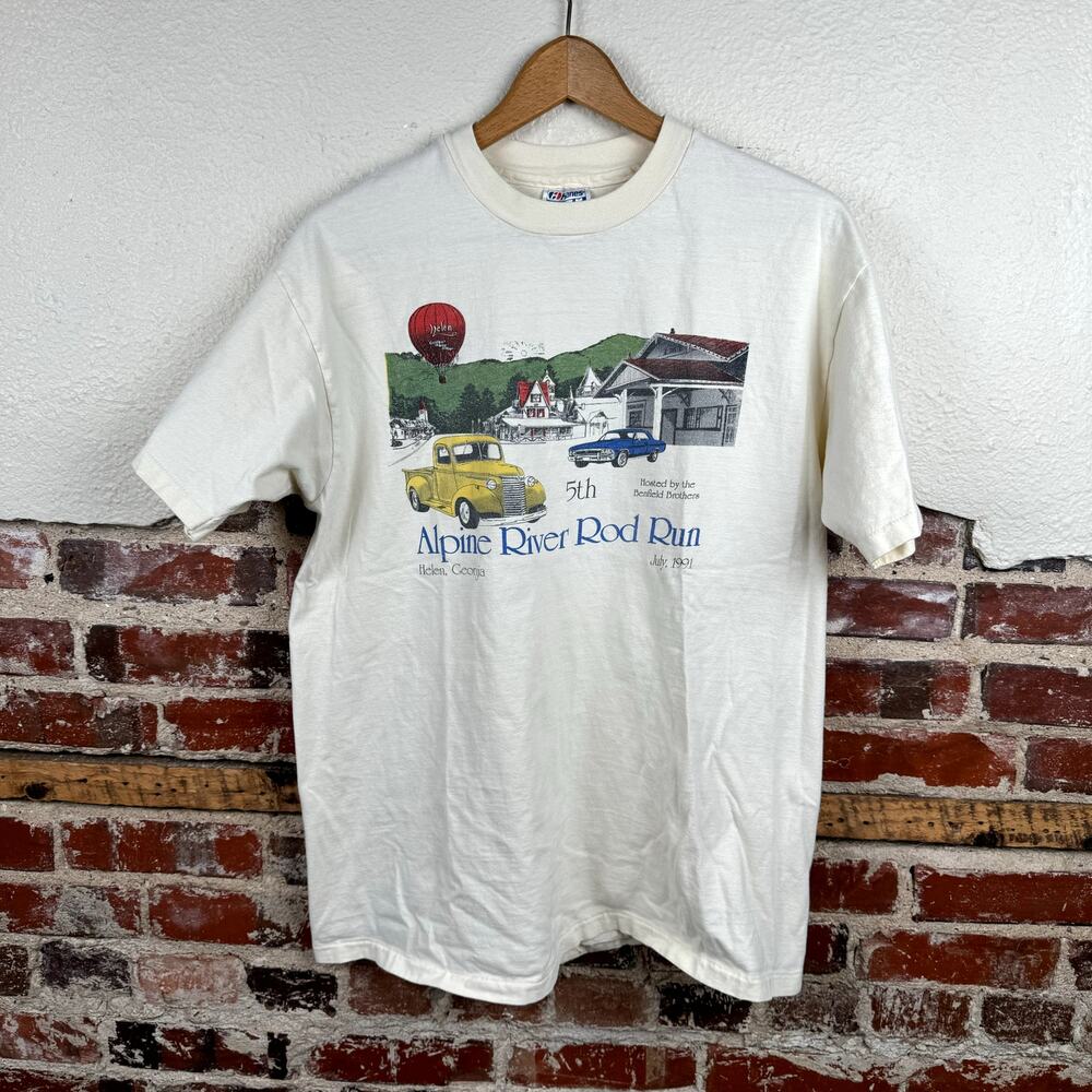 Vintage Rod Run Shirt XL White Single Stitch Alpine River Helen GA Car Show 1991